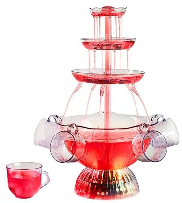 Red Wine Party Fountain, 3 Tier Plastic Party Fountain with 5 Reusable Cups and LED Lighted Base, Vintage Party Fountain, Tabletop Nostalgia Fountains for Party, Wedding, Bar
