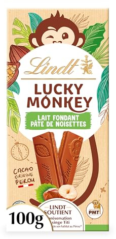 Lindt Tablette LUCKY MONKEY Chocolat Lait Noisettes 100g | Chocolat Lait • Format barre • Tablette • Fondant • Gourmand • Noisettes • Moment de plaisir.