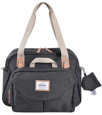 BÉABA, Geneva Changing Bag, Modular, Large Capacity, Multiple Storage compartments, Removable Front Pocket, Changing mat, Insulated Lunch Pocket, Stroller Attachment System, Dark Chiné Grey