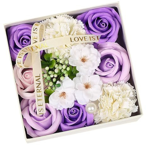 AKTOUR Candele Segnaposto lusso con rosa/fiore di garofano con scatola regalo di sapone per fiori all'olio di stelo Anniversario/Compleanno/Matrimonio/San Valentino Finte (Purple, One Size)