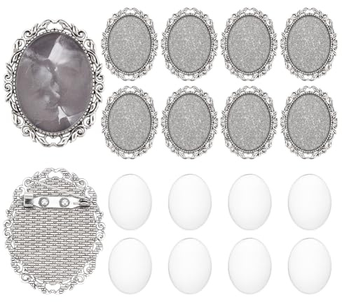 PH PandaHall 10 Sets Brooch Cabochon Vintage Oval Cabochon Bezel Photo Brooch Blank Bezel with Glass Cabochon Dome Memorial Photo Pins for Graduation Wedding Gift Jewellery Making DIY Craft 51x40 mm