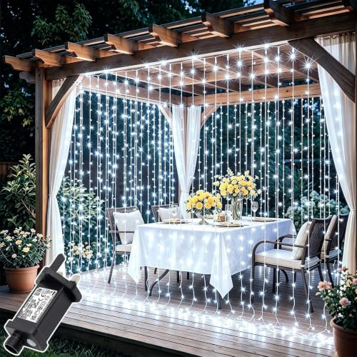 Dekofun 3M x 3M 300LED Cool White Plug in Curtain Fairy Lights Outdoor
