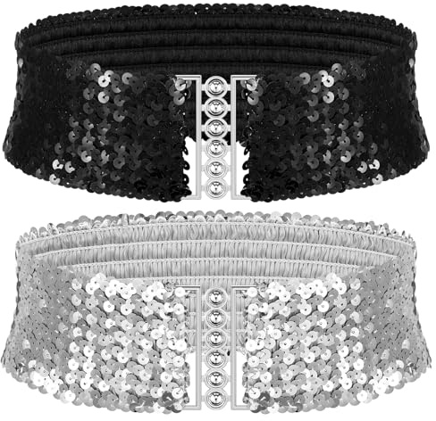 Geyoga Pailletten Breite Gürtel Damen Metall Schnallen Glänzender Taillengürtel(Schwarz Sliver,2 Pcs)