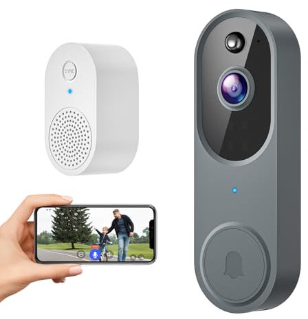 Novaquill Caméra de sonnette vidéo sans fil 1080p, surveillance intérieur/extérieur, stockage dans le cloud, détection humaine AI, Wi-Fi 2,4 GHz, conversation bidirectionnelle, vision nocturne (gris)