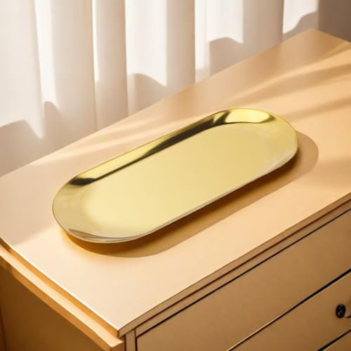 Gold Decorative Tray,Oval L12in x W4.8in,Stainless Steel Jewelry Tray,Perfume,Towel，Bathroom Vanity,Candle，Jewelry and Cosmetic Storage Decorative (1)