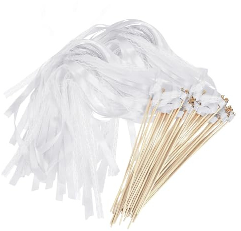 GIDWRIY 30 PCS Wedding Wands Hochzeitsbänder mit Glocke,Hochzeit Stäbe mit Glöckchen,Zauberstab Hochzeit Spalier Bänder,Holzstäbe für Hochzeiten Luftschlangen,Zauberstäbe zum Basteln für Hochzeiten