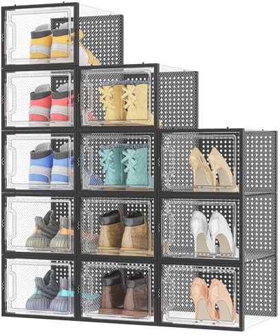 HOMIDEC 12 Cajas de Zapatos Transparentes y Apilables, hasta Talla 46 EU | Para Tacones Altos y Zapatillas, Plástico Transparente, Antipolvo, Transpirable, Antiolor y Lavable, Negro L