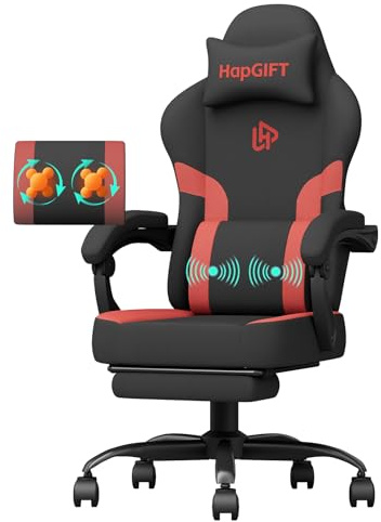 HapGIFT Gaming Chair Computer Chairs with Massage Lumbar Support & Headrest, Ergonomic Technology Fabric Gaming Chair for Adults, PC Chair Gamer Chairs with Footrest, 300LBS, Black-Red