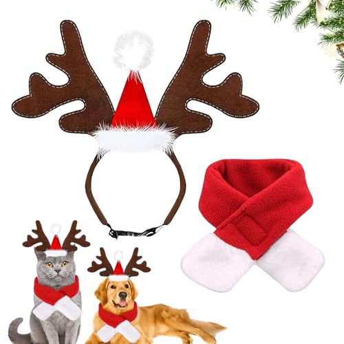 TOPZFL Weihnachten Haustier Stirnband,Rentier Haarreif Hund,Weihnachten Haustier Stirnband Mit Schal,Rentiergeweih Hund,für Katze Hund Weihnachten Haarschmuck 2pcs.