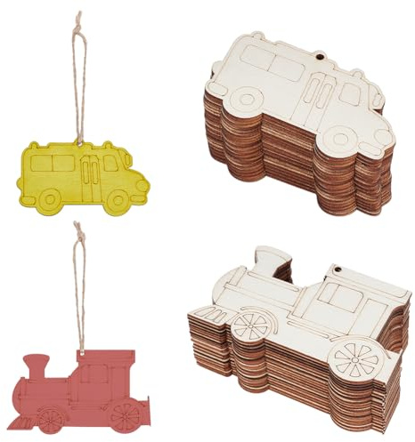OLYCRAFT 40 estilos de corte de tren de madera en bruto para artesanías, formas de trenes de pintar, rebanadas, con forma preperforada, para bricolaje, decoración de fiesta de cumpleaños