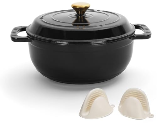 LEADZM Gusseisen Topf 26 cm 4,7 L，Schmortopf Bräter mit Deckel（Schwarz) | Emaille Topf, Brotbacktopf für Braten Küche Backen Schmoren, FDA-Zertifiziert
