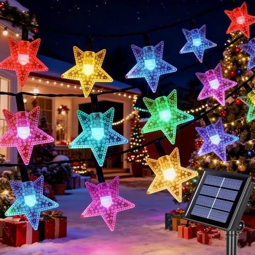 Qoosea Luci a Stringa Solari Stella 7M, 50 LED a Energia Solare Impermeabili, 8 Modalità con Timer Auto Accensione/Spegnimento per Giardino Recinto Natale Matrimonio Festa Decorazione