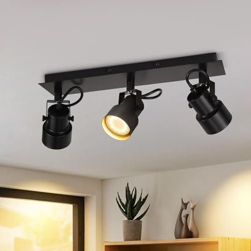 CBJKTX Deckenstrahler 3 Flammig Deckenspot Vintage - LED Deckenleuchte | Schwarz Deckenlampe Industrial GU10 Schwenkbar 350° Strahler Spots Küchenlampe für Wohnzimmer Küche Flur (Ohne Leuchtmittel)