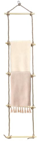 GEEZY Wooden Rope Ladder - Hanging Rope Design with 5 Rungs, Space Saving Wooden Towel Rack Blanket Display & Decorative Ladder for Living Room, Bedroom, Bathroom or Cozy Home Finds Decor