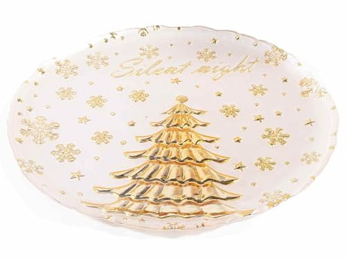 Generico Piatto Natalizio Tondo in Vetro con Albero Dorato e Fiocchi di Neve – Decorazione Natale “Silent Night” – Centrotavola Elegante per Dolci o Frutta