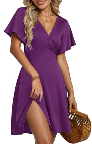 AUSELILY Robe d'Été pour Femmes Robe Portefeuille à Manches Courtes Volantées avec Col V, Imprimé Floral et Croisement Devant pour la Plage Pourpre L