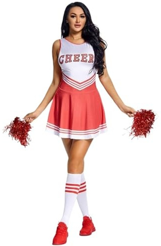 ZFIHAV Cheerleader uniform för kvinnor, Cheerleading, uniform, ärmlös dansdräkt, vuxna, hejarleader, outfit, rund hals, bokstavstryck, klänning, blomma och strumpor för kvinnor (röd, M)