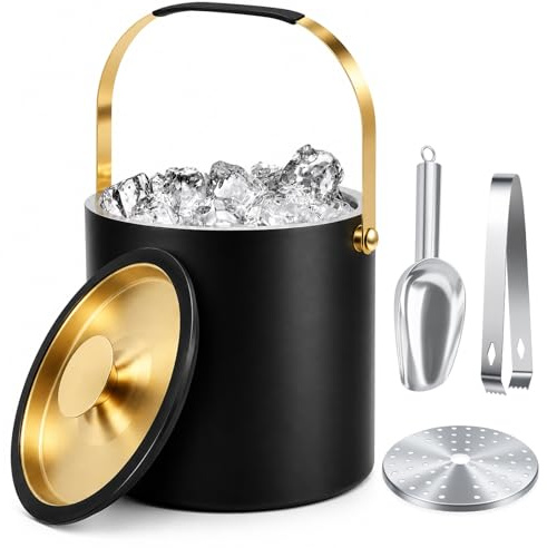 Qingning Cubo de Hielo de Acero Inoxidable 3,2L con Tapa, Pinzas | Paleta y Colador, Cubitera de Hielo de Doble Aislamiento para Cerveza, Vino, Refrescos, Fiestas, Bodas, Bares y Picnics