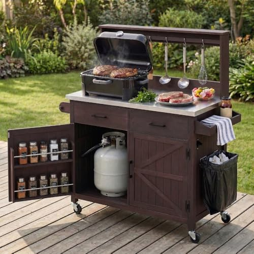 Elountik Outdoor Kitchen Island with Stainless Steel Top, Storage Cabinet & Lockable Wheels, Potting Bench Table with High Shelf for BBQ Grill Cart, Garden Workstation, Brown