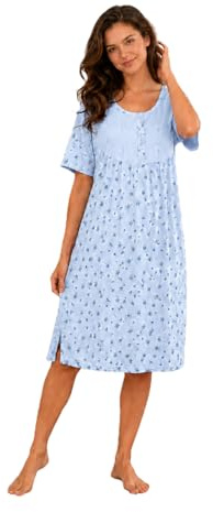 ER Direct Ladies Floral Nightdress, Cotton Blend, Short Sleeve, Button Front, Below Knee Length, Soft Nightwear with Side Hem Slits (Blue, 5XL)