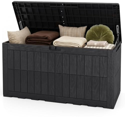 TANGZON Garden Storage Box, Lockable Outdoor Storage Bench with Lid, Handles & Hydraulic Rod, Weather Resistant Waterproof Deck Box for Cushions Tools Pool Patio Supplies, Black (380L)