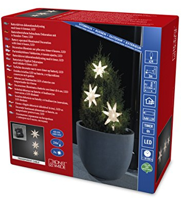 Konstsmide LED Lichtervorhang, 3 Acryl Sterne, mit 6h Timer, 24 warm weiße Dioden, batteriebetrieben, Außen (IP44), transparentes Kabel, 4 x AA 1.5V (exkl.) - 6133-103, Bunt