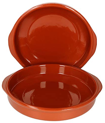 MamboCat Cazuela mit Griff 2er Set Schalen Bernd 2,2l Auflaufform rund 31,5cm aus Ton glasiert Größe XXXL Ton hitzebeständig für Auflauf Tiramisu Fingerfood Unikat Handarbeit Vintage Mittelalter