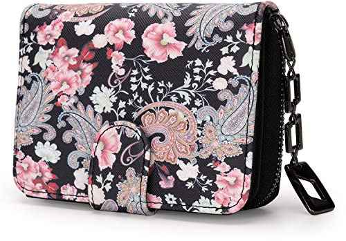 Geldbeutel Damen klein im Kurzformat, Geldbörse Damen mit Blumen und Blüten Muster im Mandala und Ethno Stil, Portemonnaie mit Reißverschluss und Druckknopf und vielen Fächern (Floral Dreams).