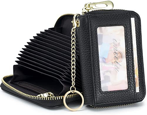 imeetu Card Holder for Women RFID Card Holder Wallet Slim Leather Cardholder Damen with 12 Card Slots, 2 Wide Cash Slots, Keyring & ID Window (Small,Schwarz)