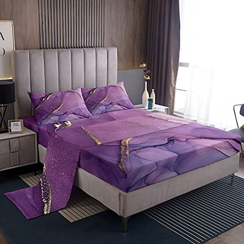 Set di biancheria da letto con marmo viola e oro lavanda, motivo astratto e texture, dipinto ad inchiostro, per ragazzi e ragazze, lenzuolo con angoli, copripiumino, misura King Size, 4 pezzi