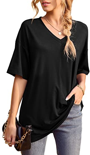 Iandroiy Womens Oversized Tees Loose T Shirts Half Sleeve V Neck Tops (Large, Black)