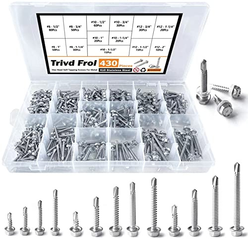 Trivd Frol 410 Stainless Steel Self Tapping TEK Screws Assortment,430 pcs #8#10#12 Hex Head Self Drilling Screws for Metal, Length 1/2 to 2