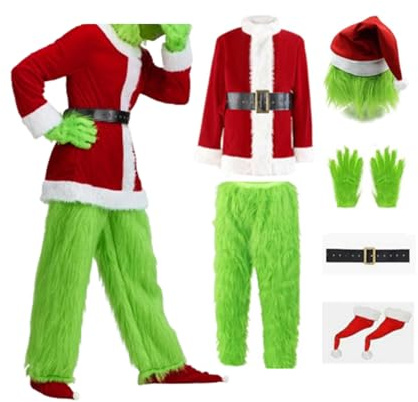 Aunaeyw Christmas Costume Set - Santa Claus Hat, Top, Boots, Green Hair Monster Mask, Gloves, Cosplay How Stole Christmas - Including Mask, Xmas Funny Cosplay Props (XL, Red-2)