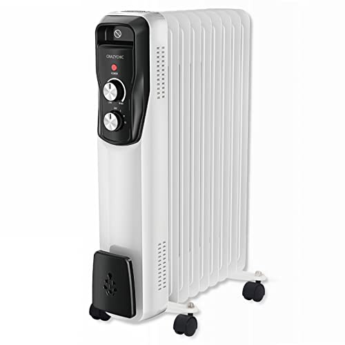 CRAZYCHIC - Radiateur Bain d'Huile Electrique 2000W - Chauffage d'Appoint Mobile Portable - Thermostat Réglable 3 Niveaux de Chauffe - 9 Eléments - Couleur Blanc