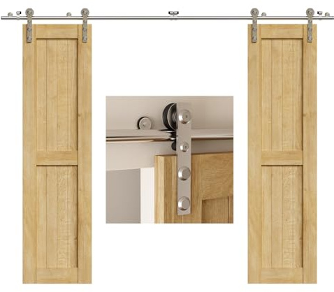 WOLFBIRD 10FT/304cm Sliding Track Barn Door Hardware Kit Stainless Steel Heavy Duty for Double Wood Door(Flat Head Hanger)