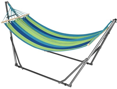 Outsunny Amaca da Giardino Sospesa 270x100 cm con Supporto Pieghevole, Capacità 120 kg, Amaca Autoportante in Cotone, per Campeggio, Giardino, Balcone, Patio e Spiaggia, Blu, Verde