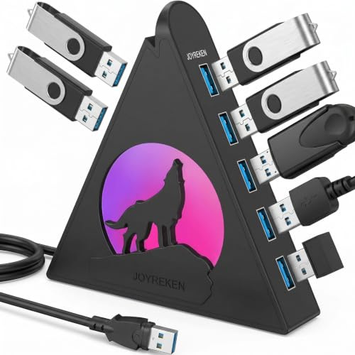 JoyReken 7-Port USB 3.0 Hub, Vertical USB Hub Splitter with RGB Lighting,5Gbps High-Speed Data Transfer and 2FT Extension Cable, Compatible with PC, MacBook, Laptop, PS5, Xbox, Flash Drive, Printer