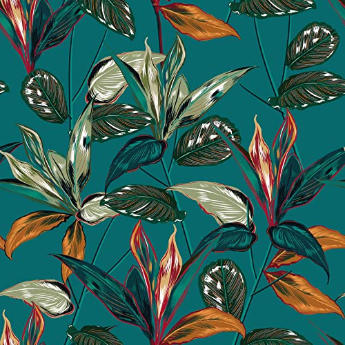 VaryPaper Self Adhesive Tropical Leaf Wallpaper 44.5cmx200cm Teal Contact Paper for Furniture Sticky Back Plastic Roll Paste The Wall Wallpaper for Living Room Bedroom Sticky Vinyl Cabinet Cover