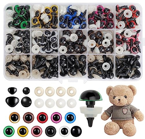 Realjoy 500 Stück Sicherheitsaugen und Nasen Set, Puppenaugen für Häkeltiere mit Unterlegscheiben, 6mm-10mm Kunststoff Basteln Augen für Puppe, Plüschtier, Teddyaugen, Bärenaugen