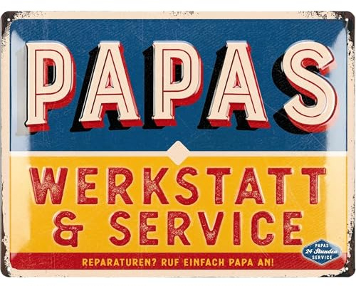 LANOLU XXL Retro Blechschild PAPAS WERKSTATT - Schild Papas Service - Geburtstagsgeschenk oder Vatertagsgeschenk Schild für Vater - lustige retro Deko mit Spruch - vintage Metallschild 30x40cm