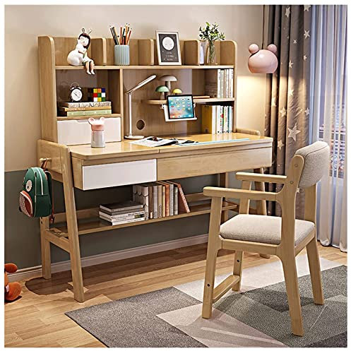 ZUMAHA Stabil Kinderschreibtisch- und Stuhlset aus Massivholz, höhenverstellbarer Schreibtisch mit neigbarer Schreibtischplatte, ergonomischer Stuhl mit Baumwollleinenbezug Flexibel