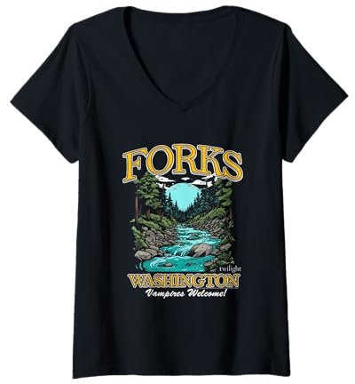 Women's Twilight Forks Washington Vampires Welcome V-Neck T-Shirt