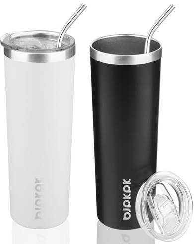BJPKPK 20 oz Skinny Tumbler with Lid 2 Pack Slim Insulated Travel Coffee Cup Stainless Steel Thermal Mug,Black,White