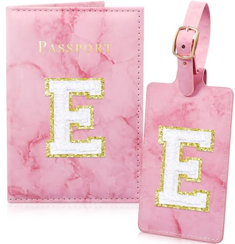 Giesiery Reisepasshülle und Gepäckanhänger, Chenille-Patch, Reisekofferanhänger, Leder, Reisepasshülle für Damen, Teenager, Mädchen, Brautjungferngeschenk, Pink, E