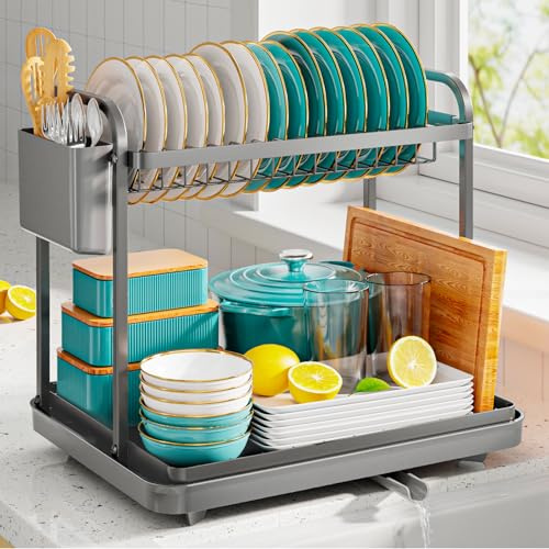Kitsure Space-Saving Dish Drainer Rack, 2-Tier, Large, Grey | Dish Racks for Kitchen Counter, Stainless Steel Kitchen Drying Rack with a Cutlery Holder, Dish Drying Rack