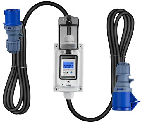 Jadeshay Electric Meter, Mobile Digital Electricity Meter 230V 16A Waterproof Power Consumption Meter with Reset for RVs Motorhomes,with Industrial Plug/Rubber Cable (Color : Blue)