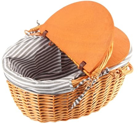POTRUWE Country Vintage Weiden-Picknickkorb mit Deckel und Griff, Stabiler Gewebter Körper mit Waschbarem Futter, Großer Weiden-Picknickkorb für Camping, Outdoor, Weihnachten,