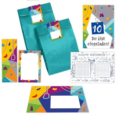 6 Einladungskarten zum 10. Kindergeburtstag Klettern Bouldern Mädchen Jungen Einladungen zehnte Geburtstag incl. 6 Umschläge, 6 Tüten/petrol, 6 Aufkleber, 6 Lesezeichen, 6 Blöcke, 6 Schiffe versenken