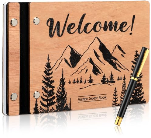 Skyygemm Visitor Wooden Guest Book with Pen 8 x 6 Inches 120 Pages Memory Scrapbook Rustic Signature Party Sign Gift for Couple Guests Book