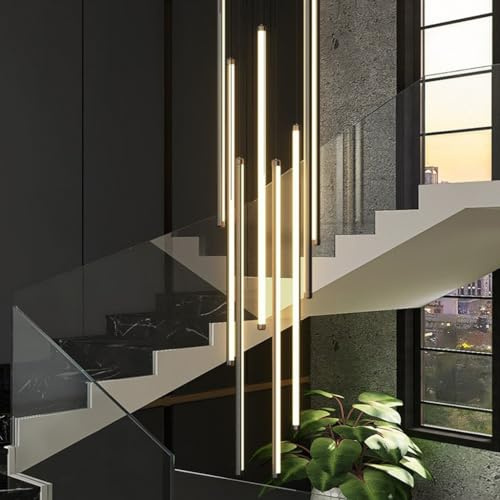 DOCJX LED Treppe Pendelleuchte Modern Treppenleuchte Hängeleuchte Dimmbarer Kronleuchter Aluminium Treppe Licht Höhenverstellbar Deckenleuchte Villa Treppenhaus(Warmes Licht,8-head 100CM)